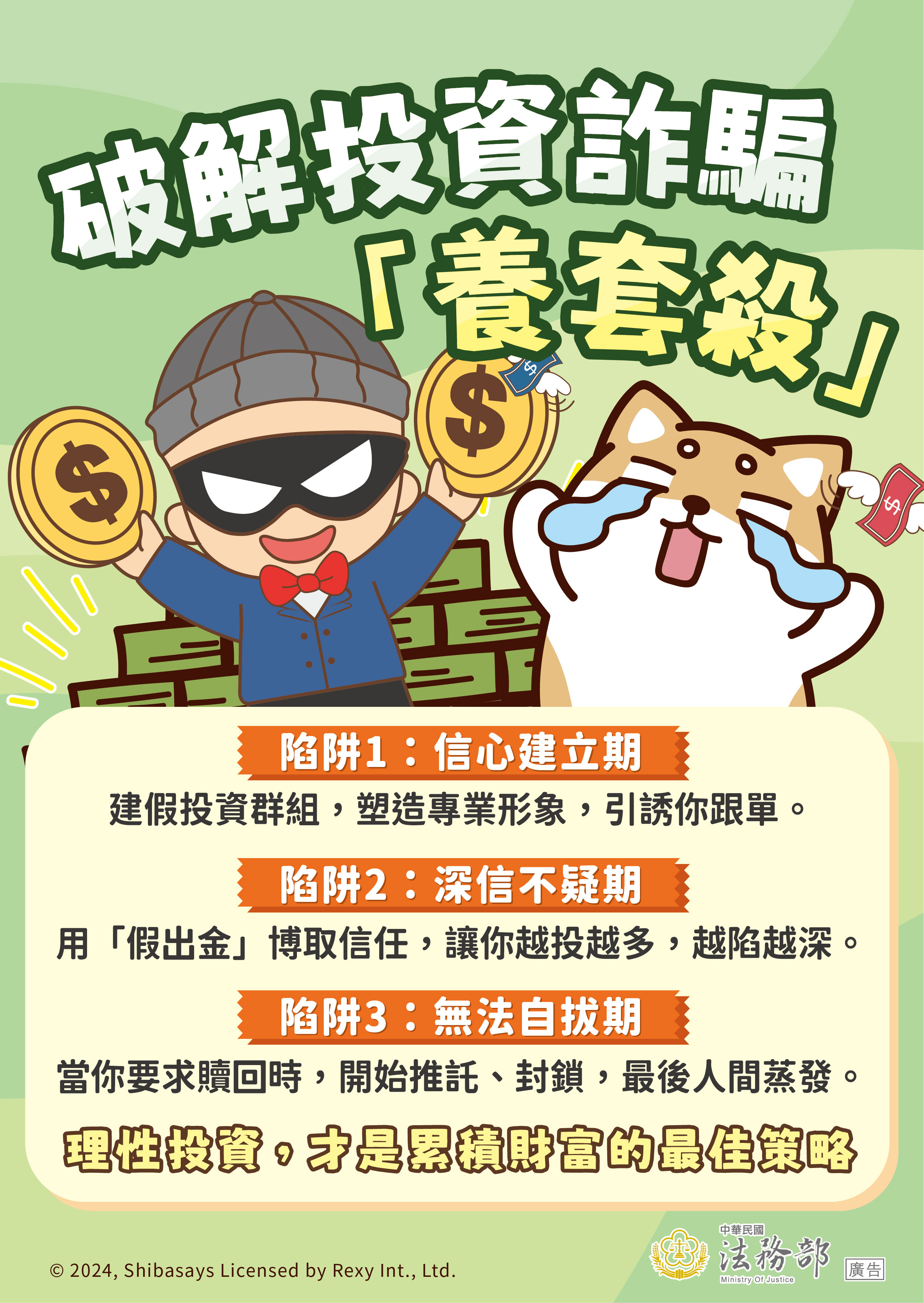 (圖)破解投資詐騙「養套殺」-法務部_反詐騙海報