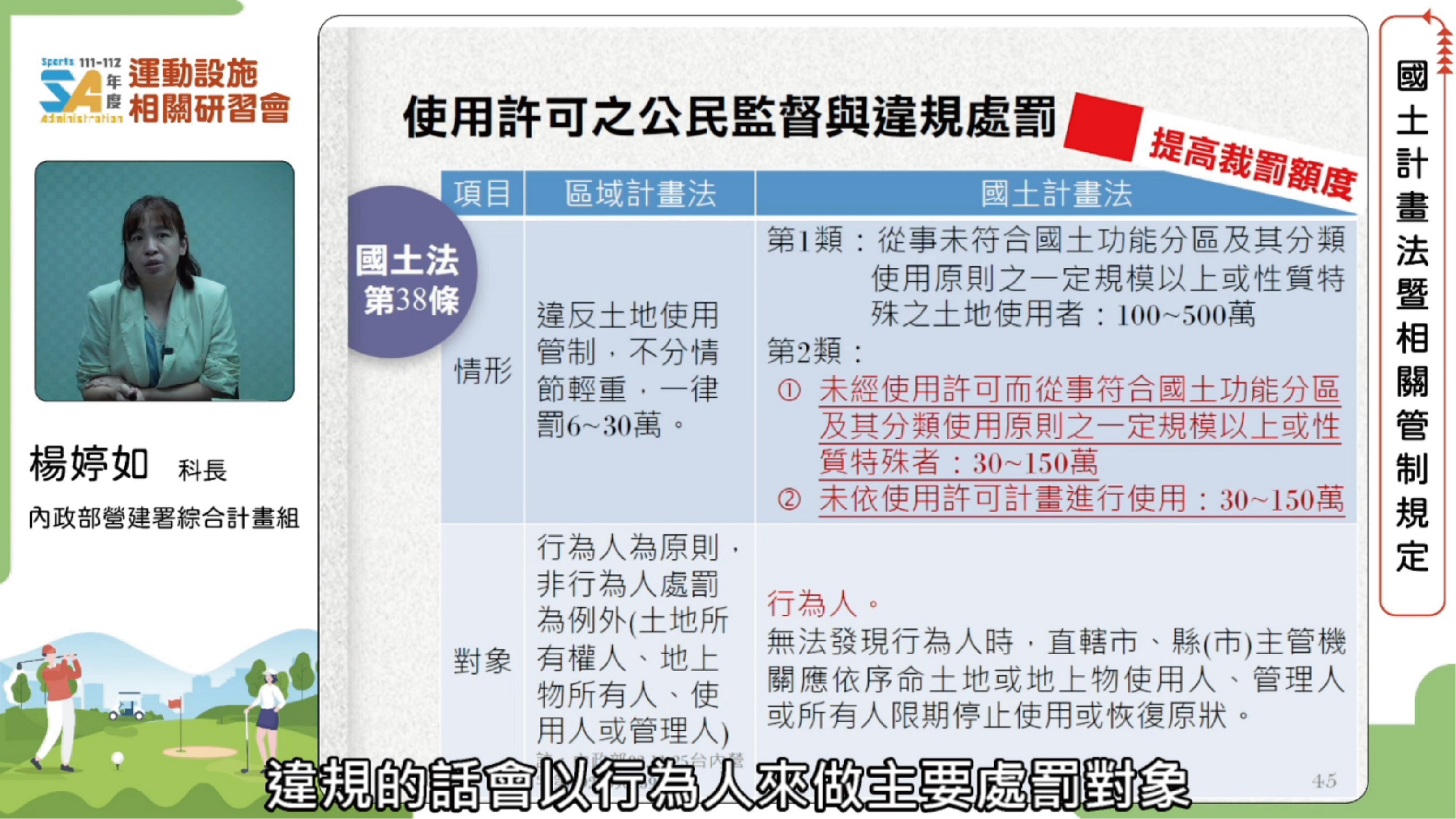 (圖)(附件照片4)1120619-1-內政部營建署楊婷如科長闡述國土計畫法對高爾夫球場土地利用之影響。