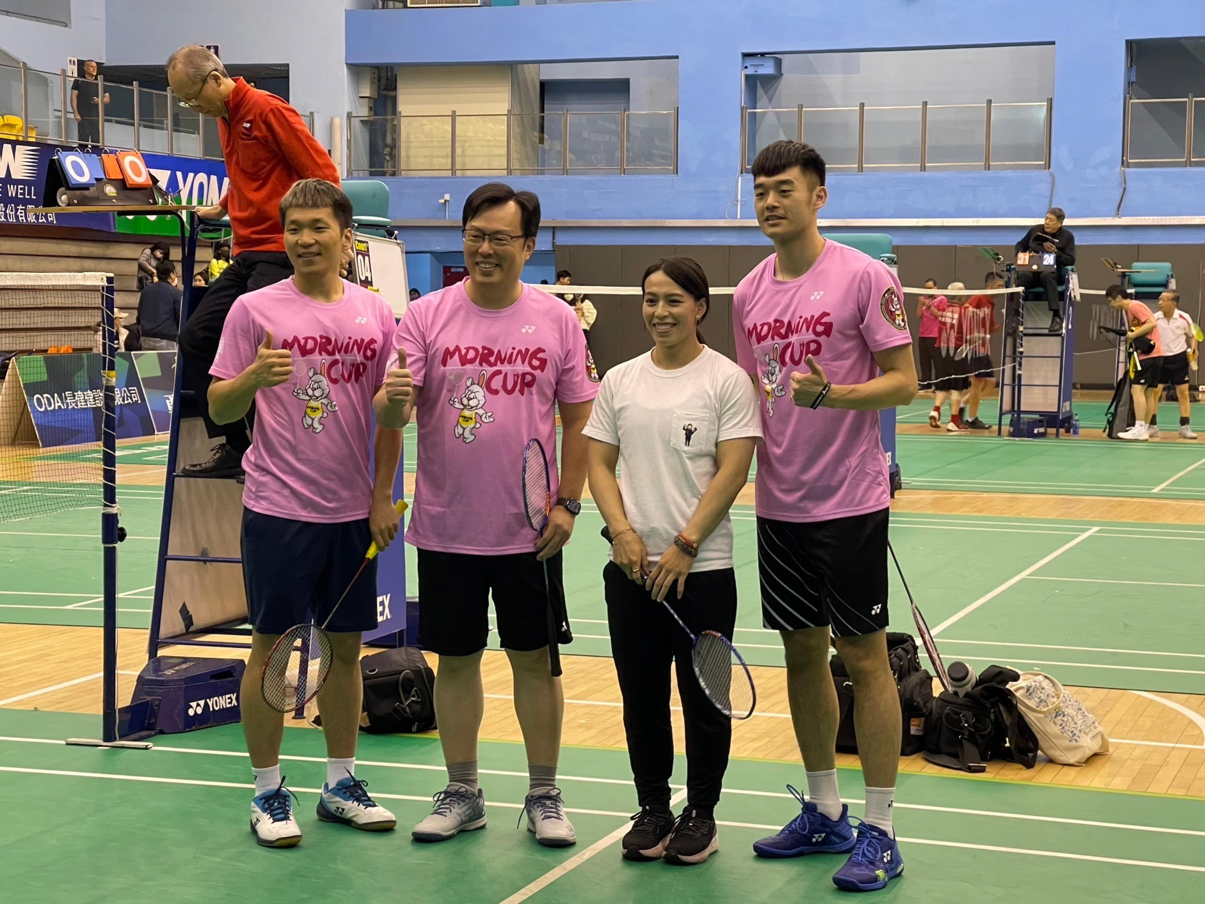 (圖)Group picture before the start of the World Morning Cup Taiwan 2023. (from left Lee Yang, Sports Administration Director-General Cheng Shih-chung, Kuo Hsing-chun, Wang Chi-lin)