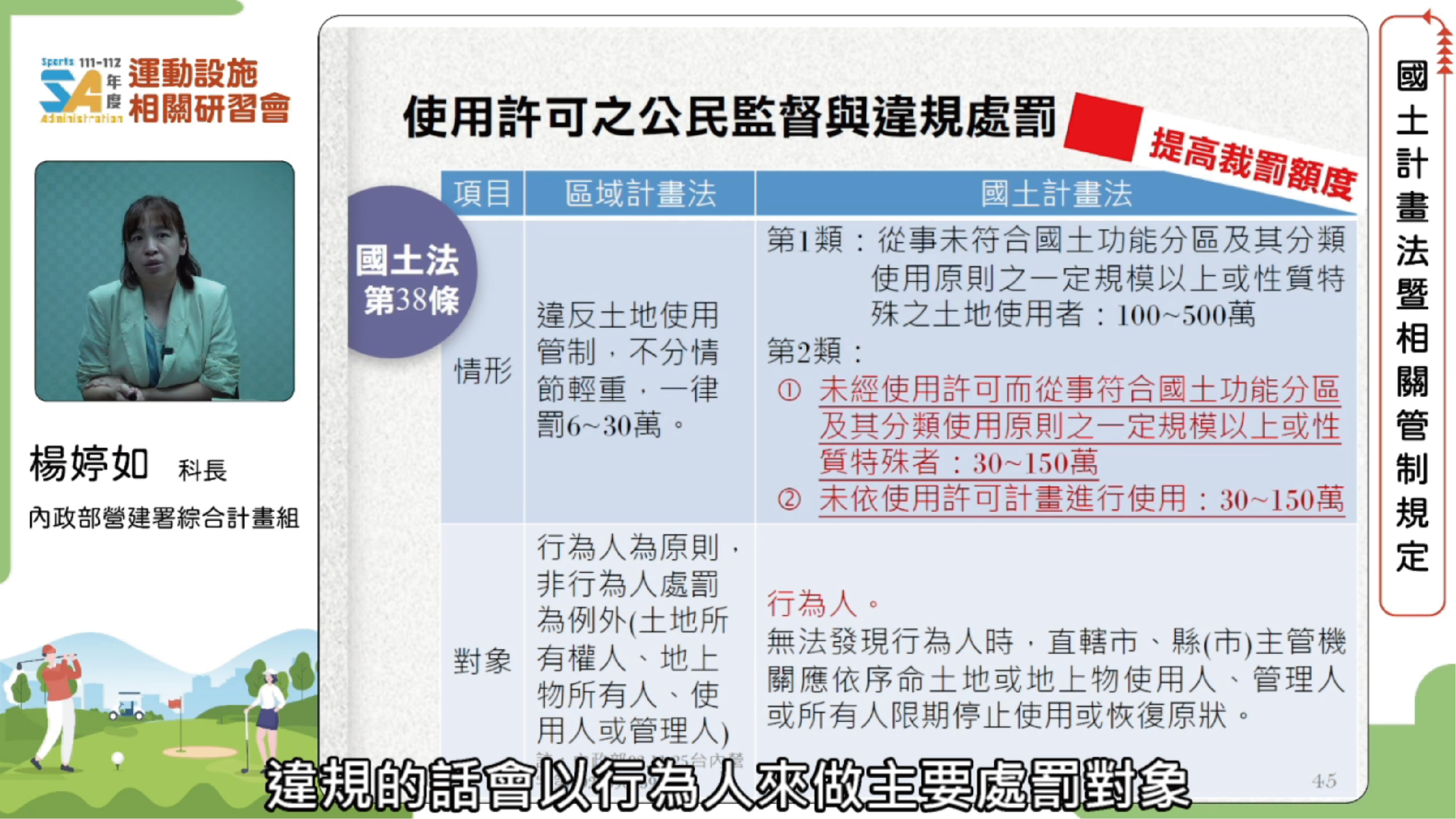 (圖)Section Chief Yang Ting-ru of the Construction and Planning Agency, Ministry of the Interior, explained the impact on golf course land use of the Spatial Planning Act.