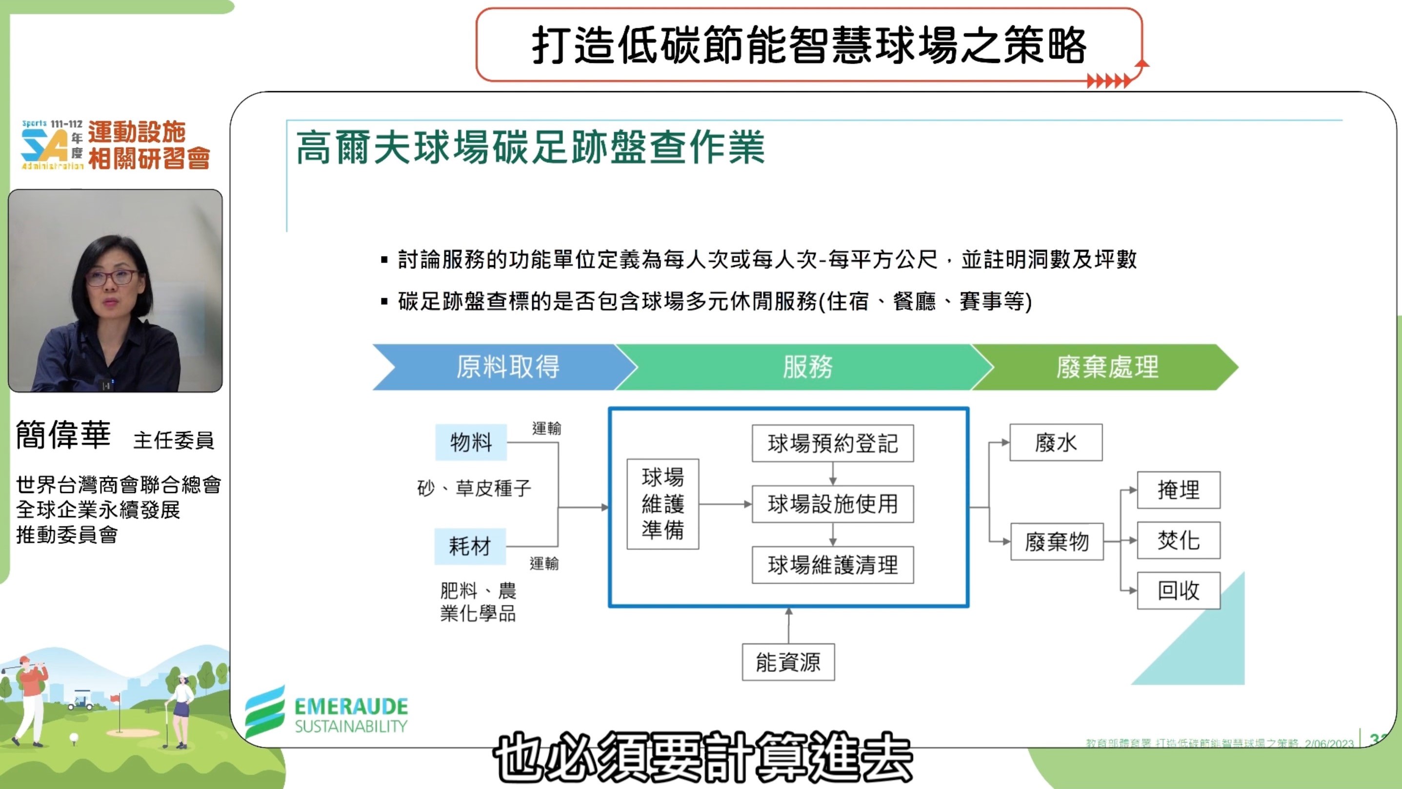 (圖)World Taiwanese Chambers of Commerce chairperson Jiang Wei-hua lectured on the strategy for building low carbon, energy conserving smart golf courses.